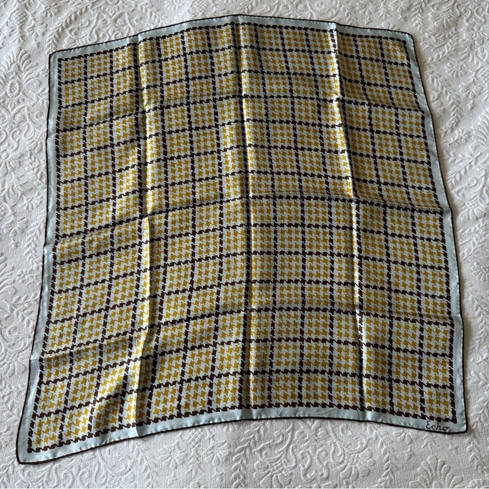yellow blue and black vintage houndstooth silk scarf by Echo